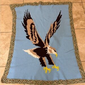 Vintage Hand Blue Crochet Lap Blanket With Eagle Design 46x39” EUC